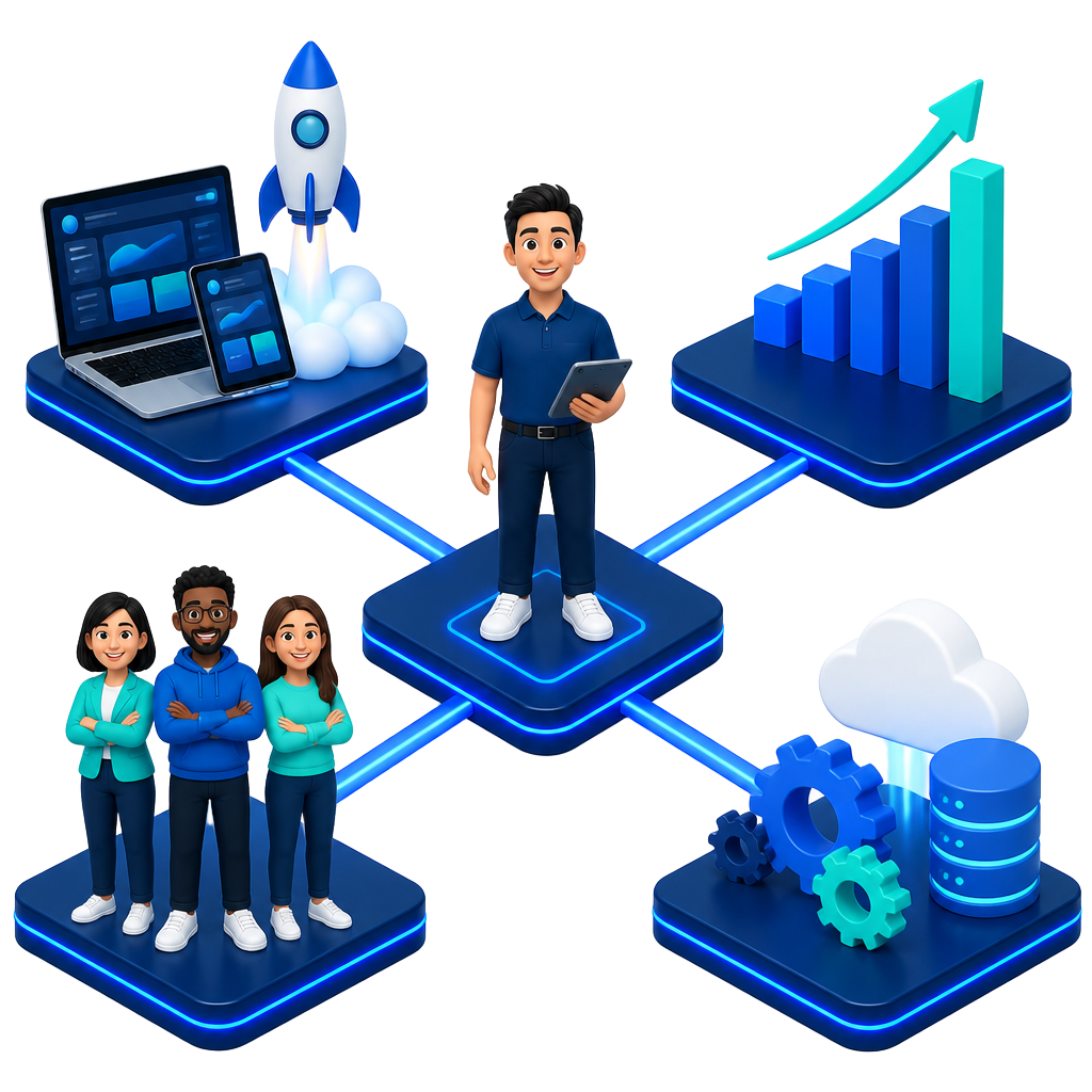 Isometric illustration of one operator facing forward at the centre of a loop connecting a product launch, a growth chart, automated operations and a dedicated team