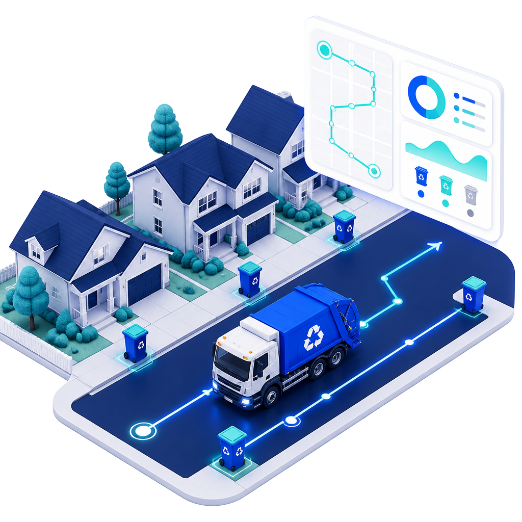 Isometric illustration of a residential street with curbside recycling bins, a collection truck on an optimized route and a dashboard showing route and contamination metrics