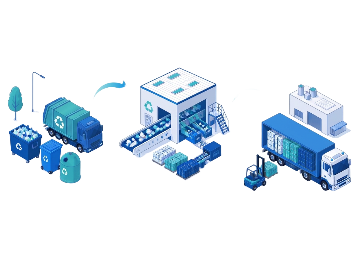Material flow from collection through processing to commodity.