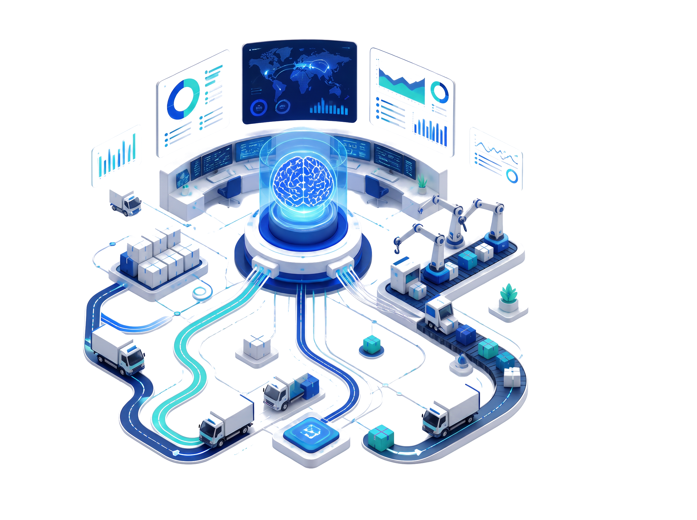 Illustration of automated warehouse operations and routed deliveries