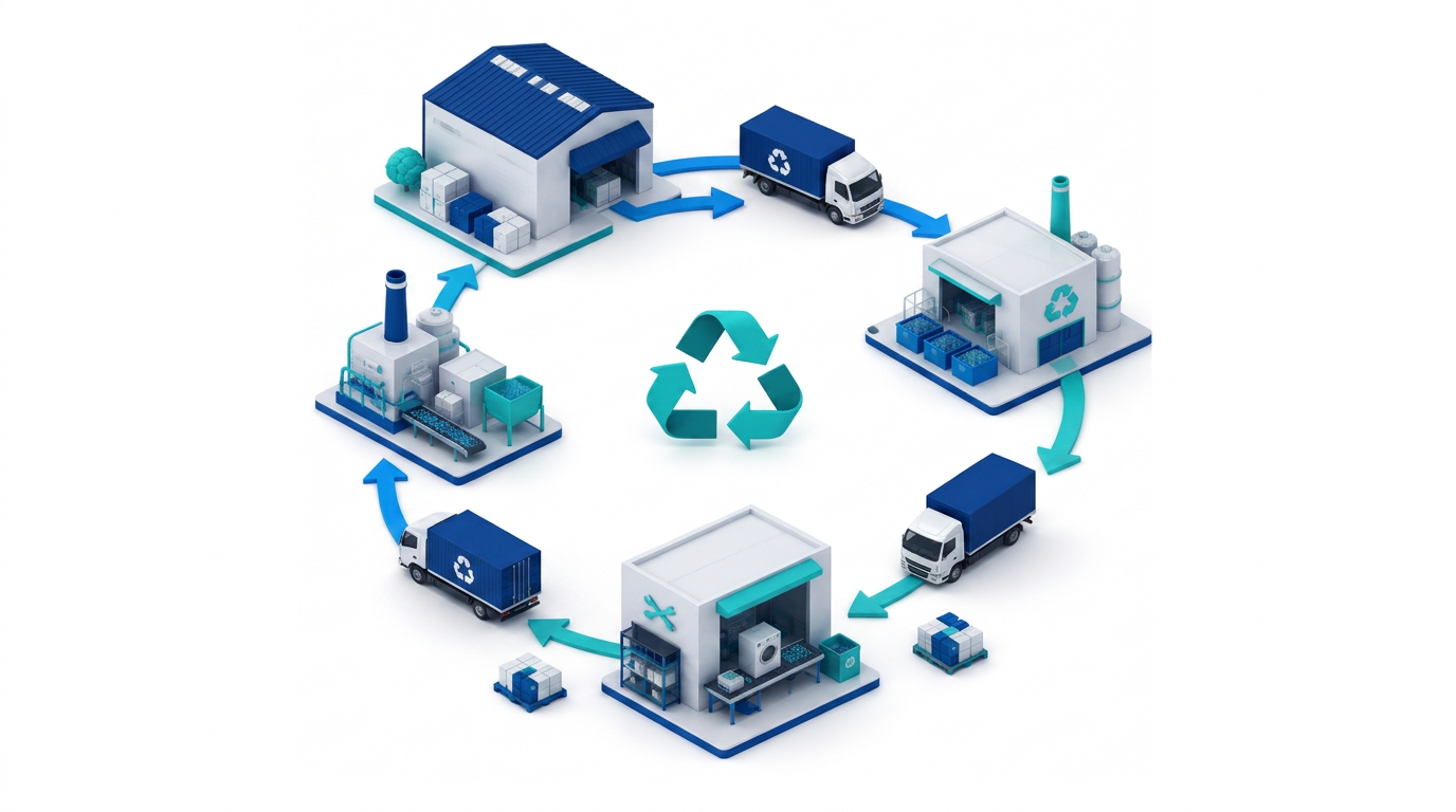 Isometric circular supply chain showing warehouses, logistics, recycling, and repair loops