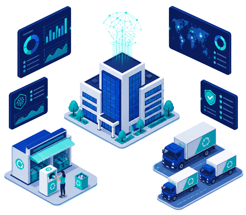 Isometric illustration of an enterprise headquarters with take-back kiosks, a truck fleet and compliance dashboards