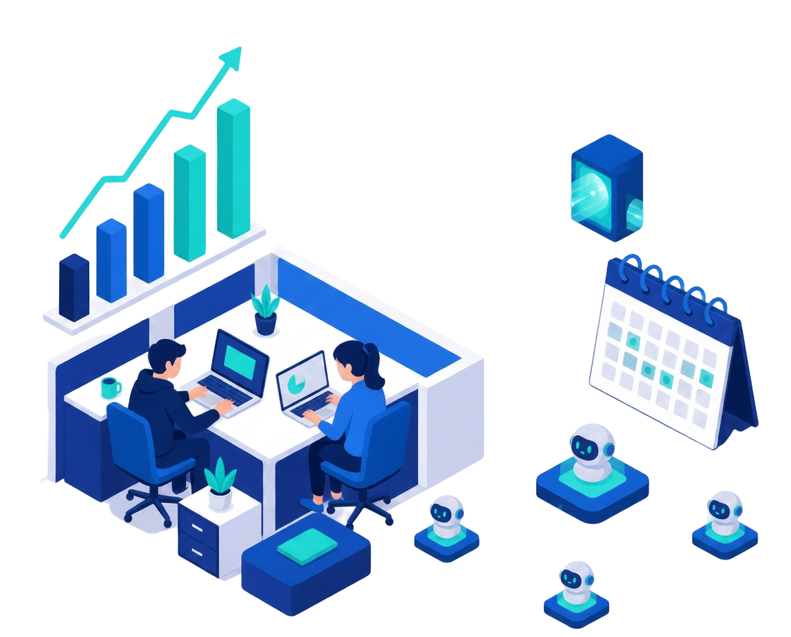 Isometric illustration of an early-stage startup team with a growth chart, rocket and AI agents filling a calendar